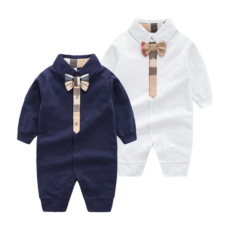 

New 2021 Fashion English style baby clothes cotton Plaid stripes Patchwork gentleman newborn baby Boy girl rompers 0-24 months