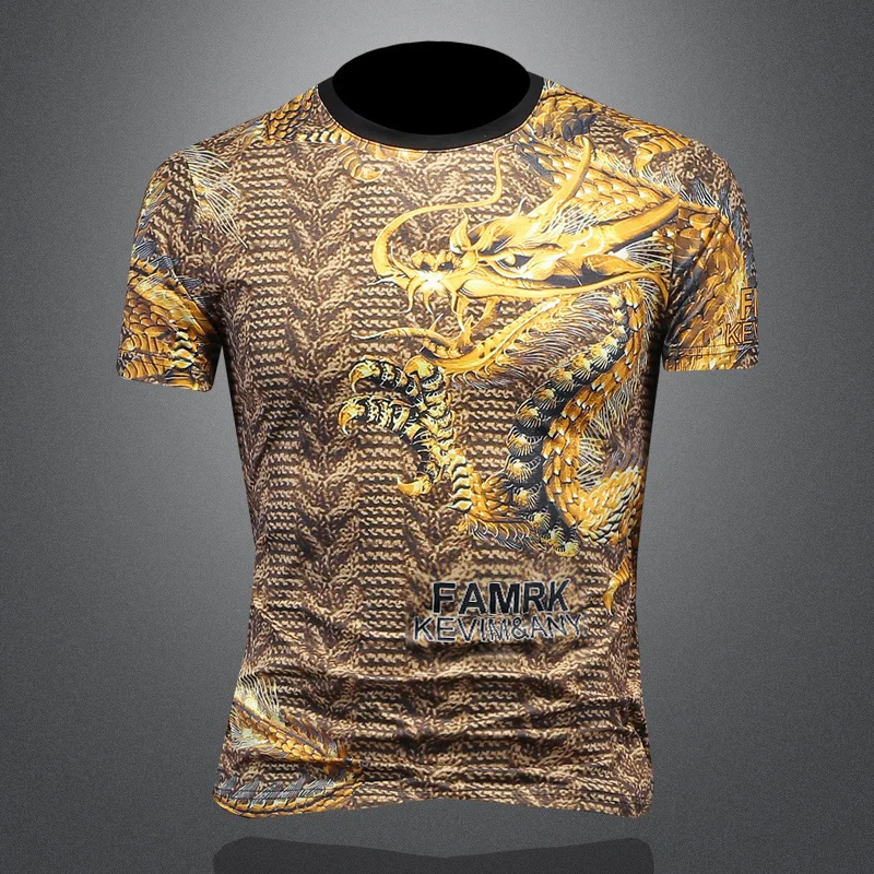 

3D Dragon Print Fashion Short Sleeve T Shirt For Men Stretchy Summer Quality Mercerized Cotton Slim Fit Tees Camisetas De Hombre