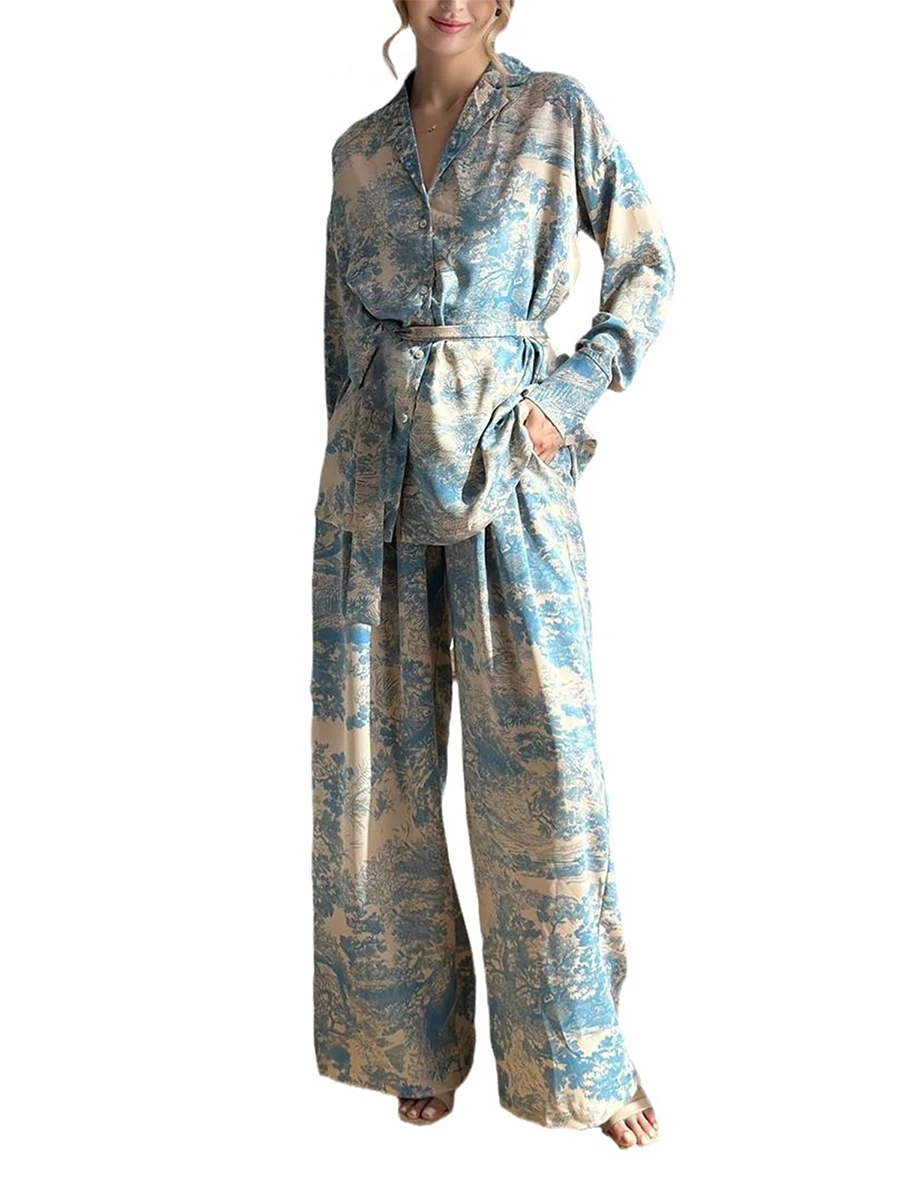 

Женские пижамные комплекты с цветочным принтом, рубашка с длинным рукавом и пуговицами и брюки, комплект пижамы, мягкая одежда для сна, 2 предмета, домашняя одежда