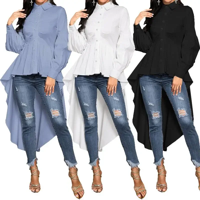 

2021 Women's Asymmetrical T-Shirts Blusas Fashion Puff Sleeve TShirts Female Lapale Spring Solid Button Top Plus Size Tunic Blue
