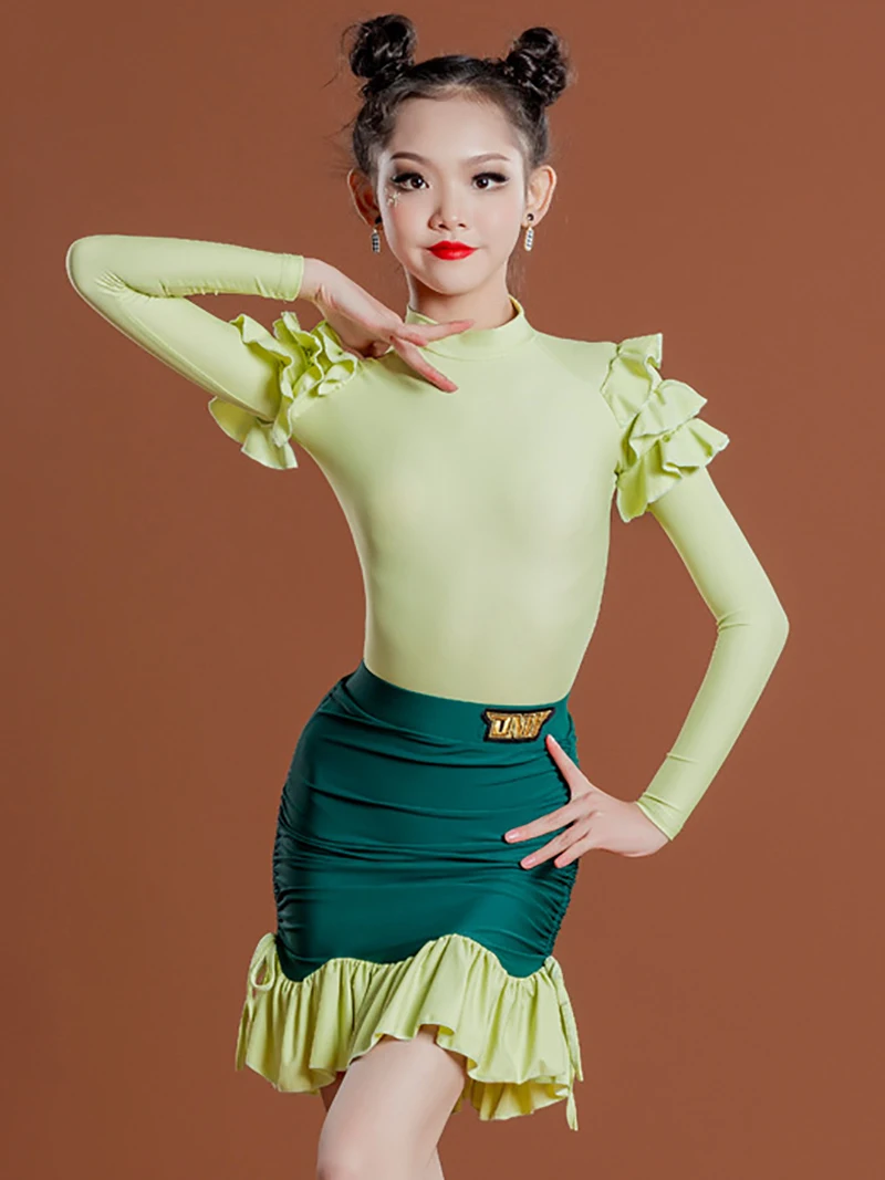 

Lolita Children Latin Dance Training Clothes Performance Girls Costume Cha Cha Samba Practice Clothing Green Ruffles Dancewear