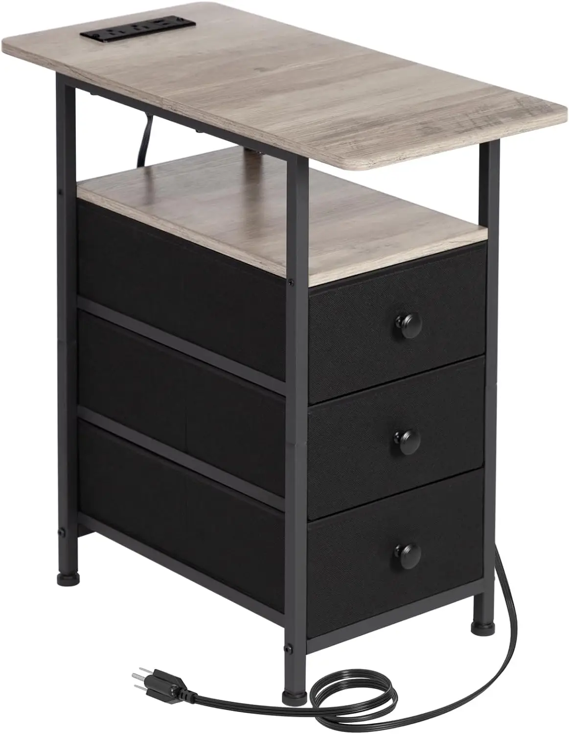 

Narrow Side Table with Charging Station, Slim End Table with USB Ports and Outlets, Nightstand with 3 Fabric Drawers for Bedroom