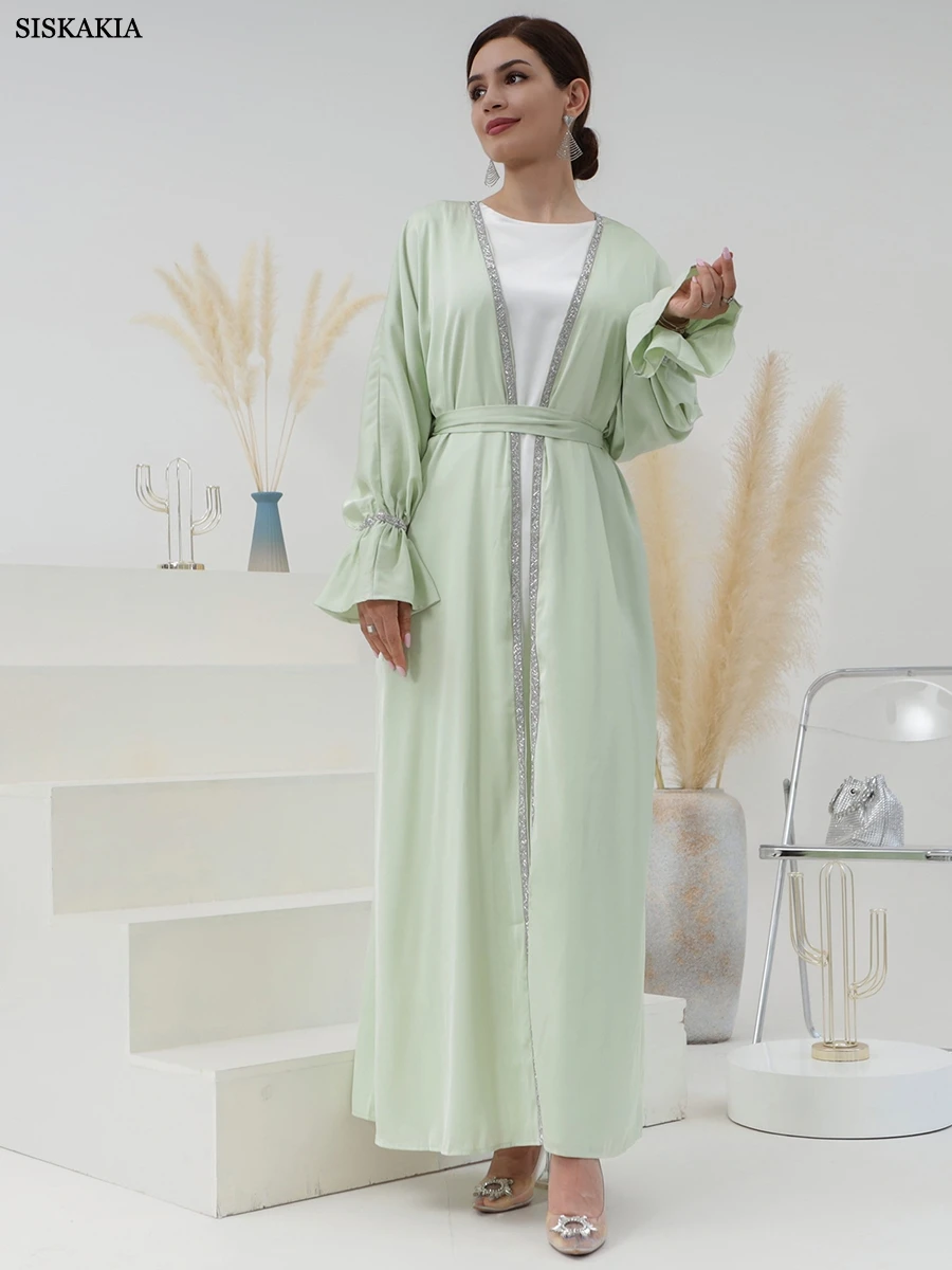 Siskakia Muslim Kimono Open Abaya 2 Piece Suit Solid Diamonds Flare Sleeve Sashes Casual Loose Caftan For Women 2023 Dubai
Siskakia Muslim Kimono Open Abaya 2 Piece Suit Solid Diamonds Flare Sleeve Sashes Casual Loose Caftan For Women 2023 Dubai