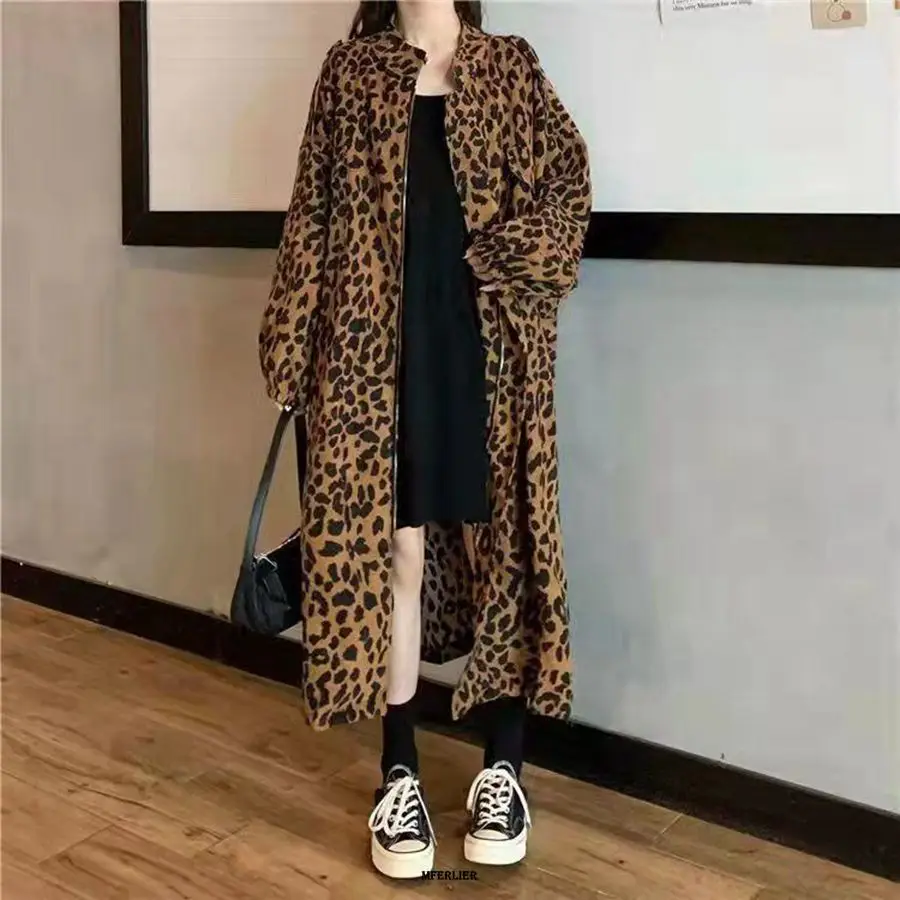 

Plus Size 6XL 150kg Women Trench Coat Spring Leopard Casual Women's Long Outerwear Loose Trench Coat Streetwear Pockets Coats