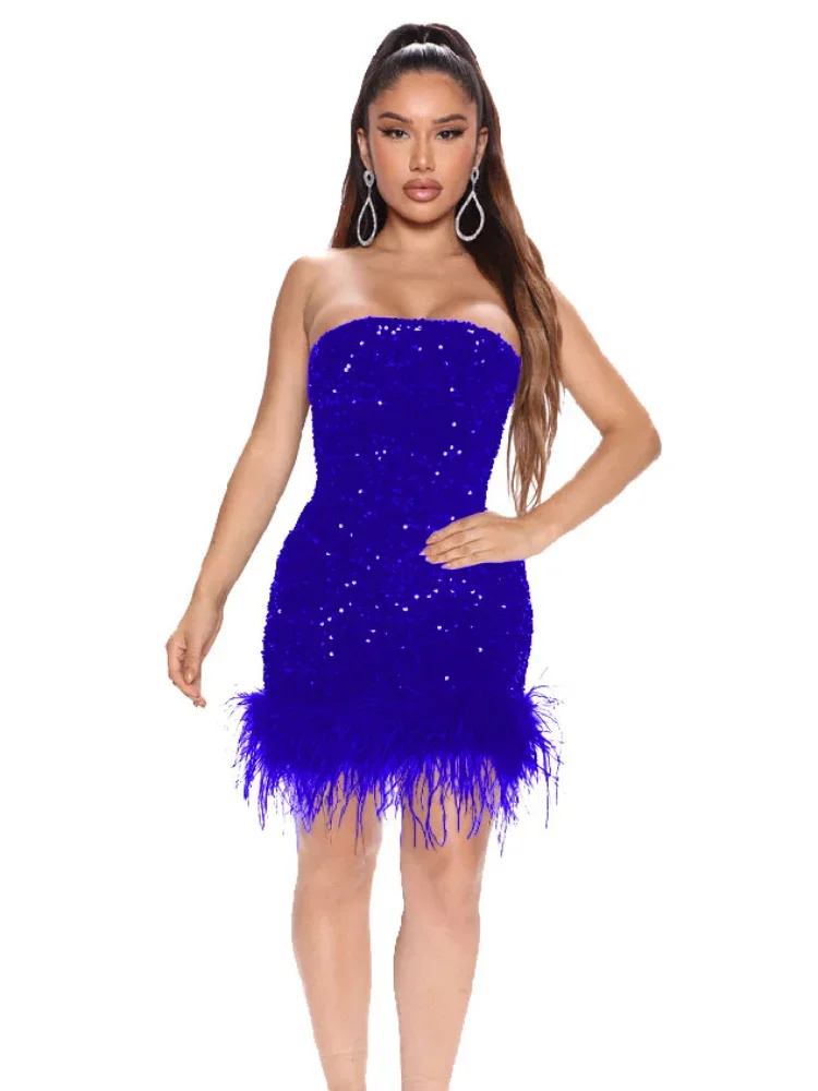 

WUHE Feathers Sequined Women Strapless Fur Hem Bodycon Mini Elegant Dress Classic Sexy Party Evening Prom Dresses Vestidos
