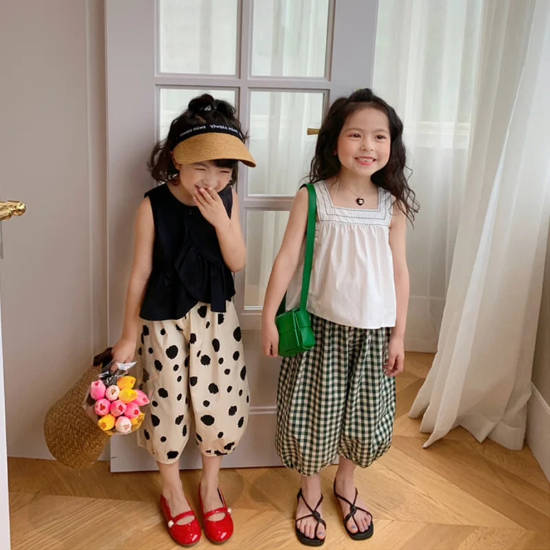 

Summer Casual Baby Girls Cotton Dots Plaid Sleeveless Shirt Tops+Loose Cropped Pant Set Kids 2PCS Suits Child Outfits 2-8 Years