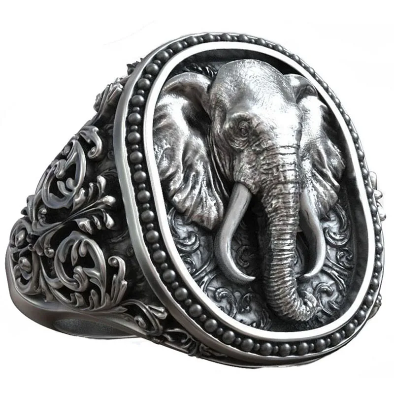 

23g Elephant Head Antique Pattern Men Signet Art Relief Gold Ring 925 Solid Sterling Silver Ring Many Sizes sz6-13s