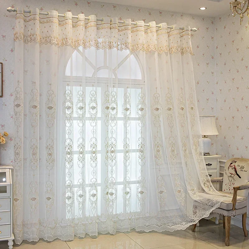 

European style embroidered gauze curtains living room curtains light luxury hollow three-dimensional embroidered window screens