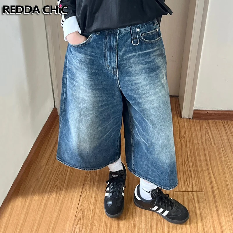 

ReddaChic Women Low Waist Whiskers Denim Shorts Vintage Wash Blue Brushed Frayed Wide Leg Oversized Pants Y2k Korean Streetwear