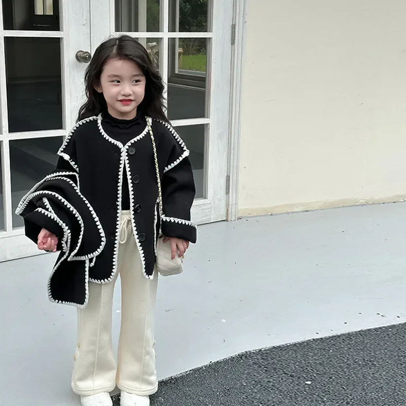 

Шарф для девочек, пальто, новинка осень-зима 2023, шерстяное пальто, детская двусторонняя ткань, маленькое очаровательное пальто