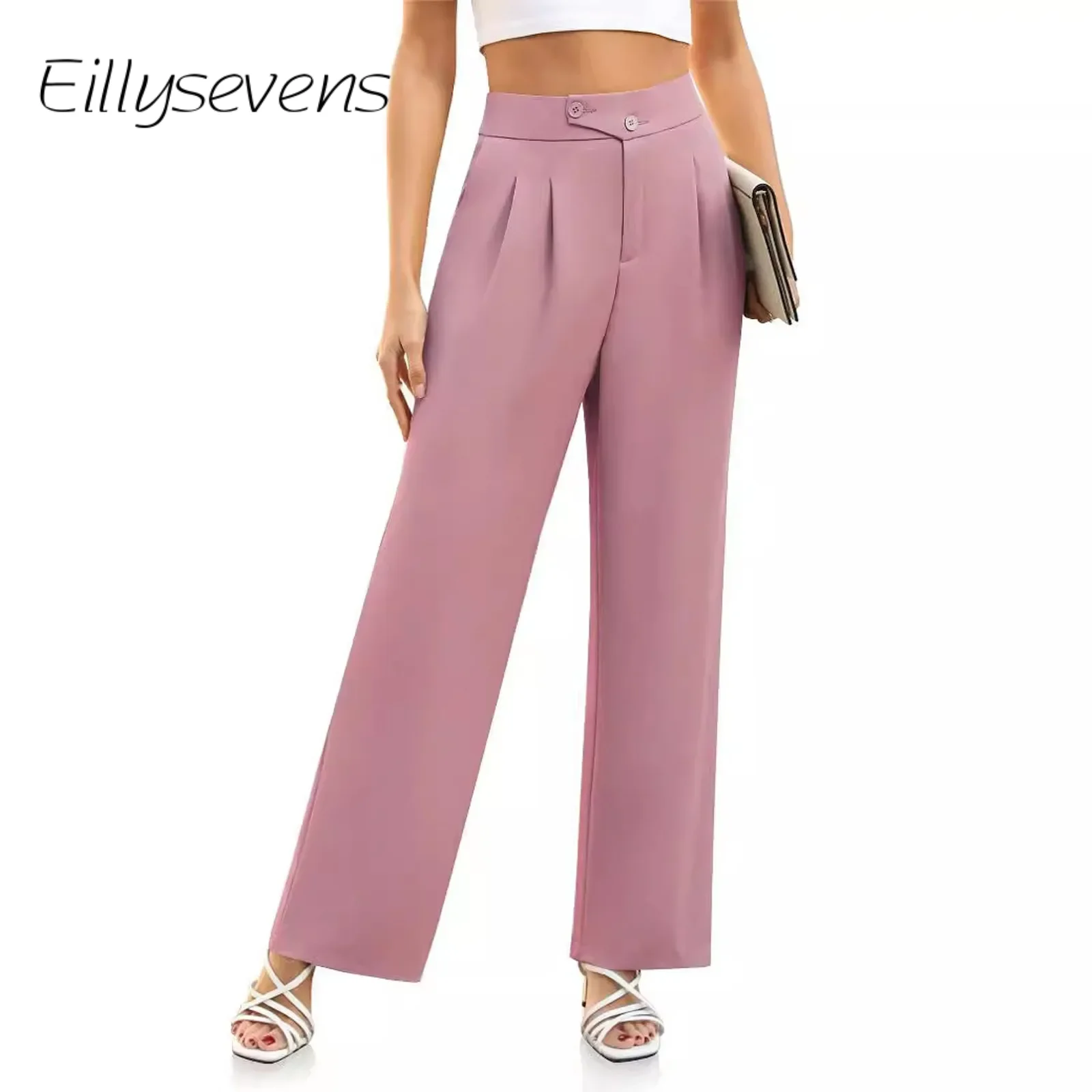 

Women'S Wide-Leg Pants 2024 High-Waisted Workwear Button Business Spring Summer Casual Long Belt Pocket Fashion Pantalones