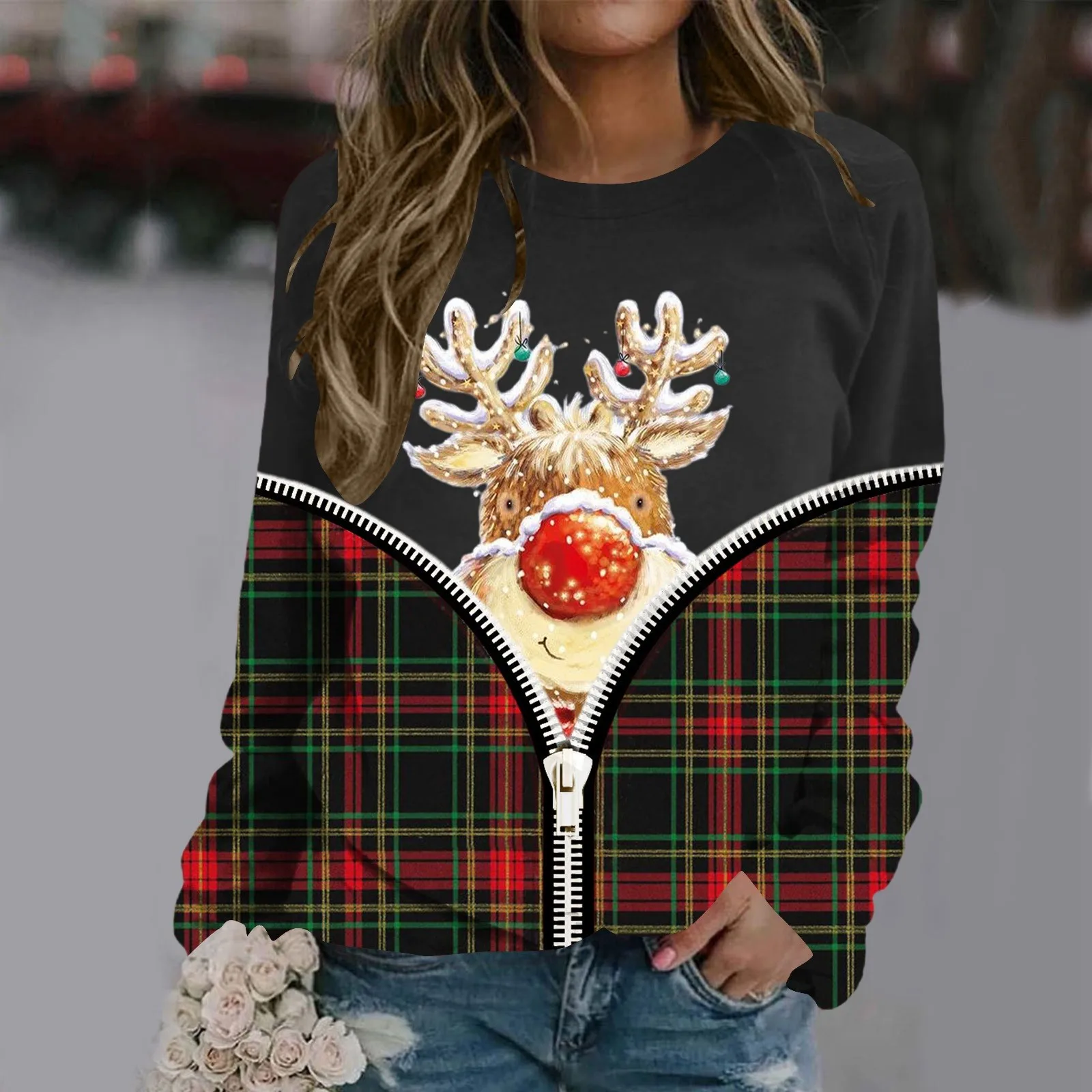 

Extra Long Womens Hoodie Ladies Casual Fun Printed Christmas Cute Deer Head Printed Round Neck Hoodie Women Zipper Hoodie Tunic