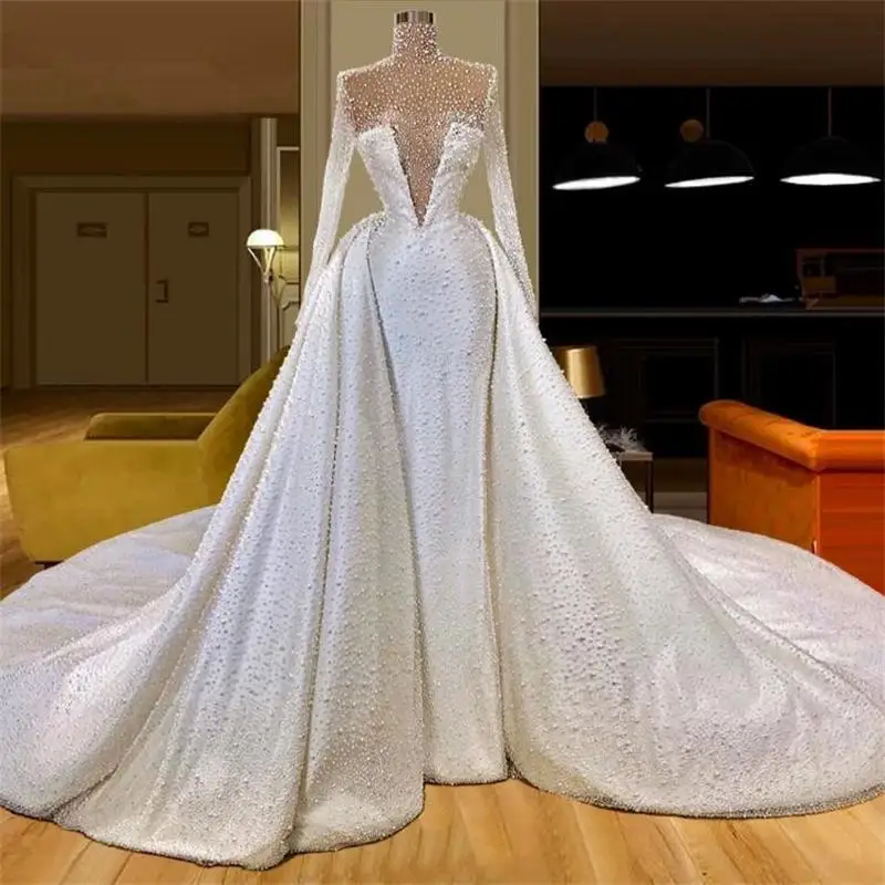 

Beautiful High Neck Shinny Pearls Beads Wedding Dress with Detachable Train Long Sleeves MermaidVestido De Novia Bridal Gown