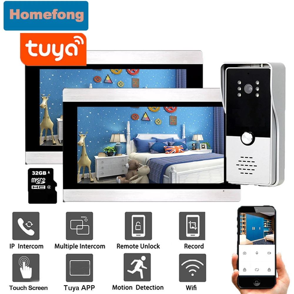 

Homefong 7 Inch 1080P Touch Screen Tuya Wifi Video Intercom System Record Motion Detection Wireless Video Door Phone Doorbell