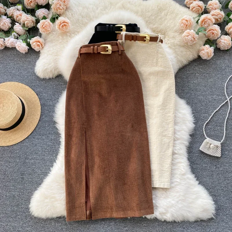 

Skirts Vintage High Waist Belted Jupe A-line Mujer Faldas Long 3 Colors Split Skirt Casual Women Clothes Dropshipping P481