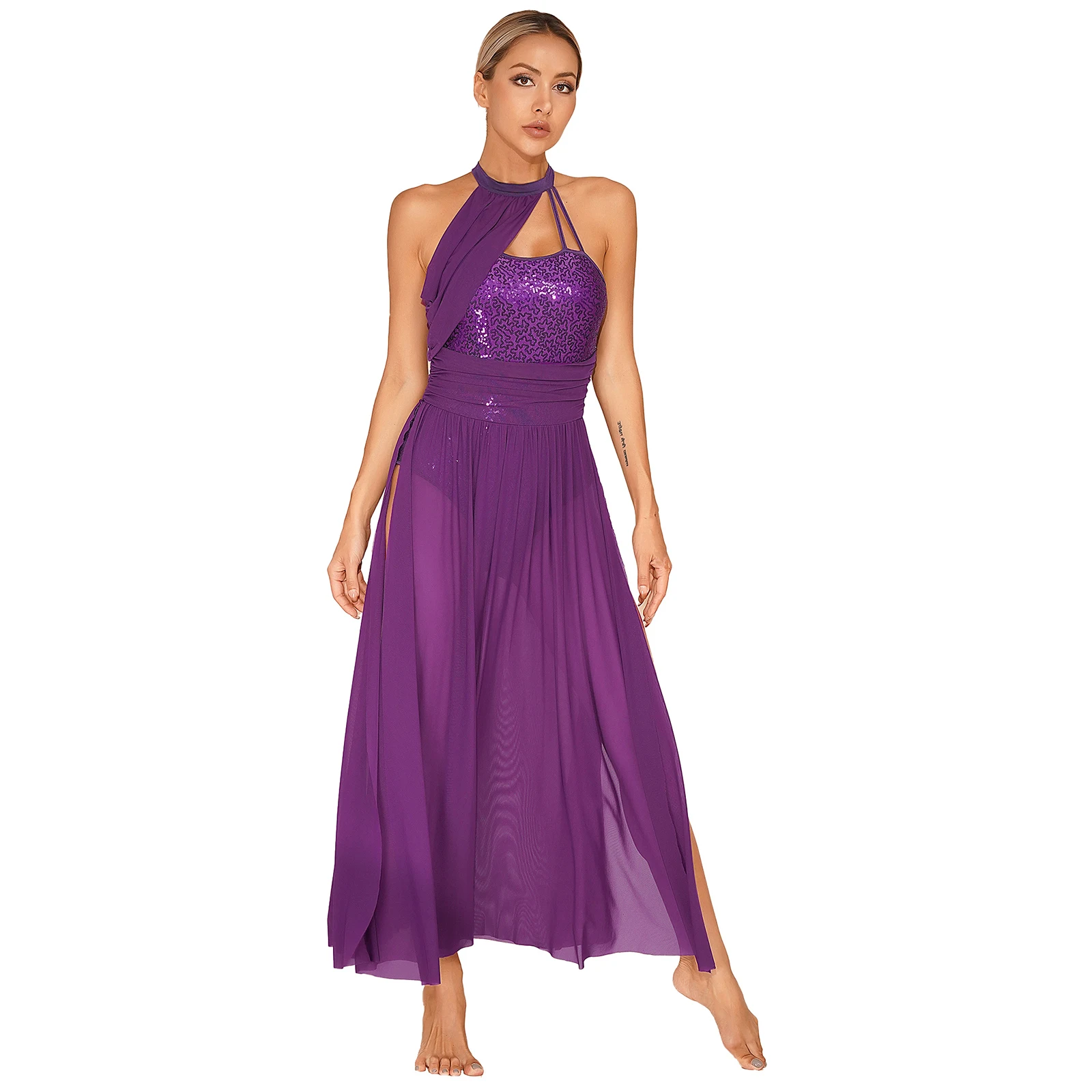 Womens Sparkly Sequin Strappy Dress Ruched Waist Side Split Sheer Mesh Dresses Modern Lyrical Dance Performance Costume
Womens Sparkly Sequin Strappy Dress Ruched Waist Side Split Sheer Mesh Dresses Modern Lyrical Dance Performance Costume