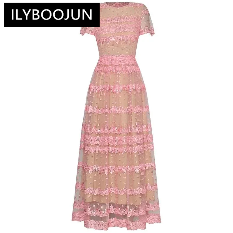 

ILYBOOJUN Fashion Designer spring Summer Women's Dress O-Neck Short Sleeve Embroidery Mesh Splicing Elegant Dresses