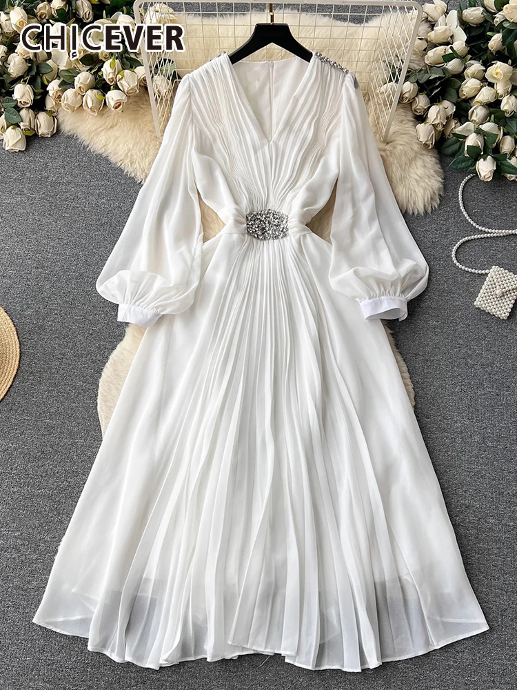 CHICEVER Minimalist Spliced Diamonds Dresses For Women V Neck Lantern Sleeve High Waist Elegant Solid Pleated Midi Dress Female
CHICEVER Minimalist Spliced Diamonds Dresses For Women V Neck Lantern Sleeve High Waist Elegant Solid Pleated Midi Dress Female