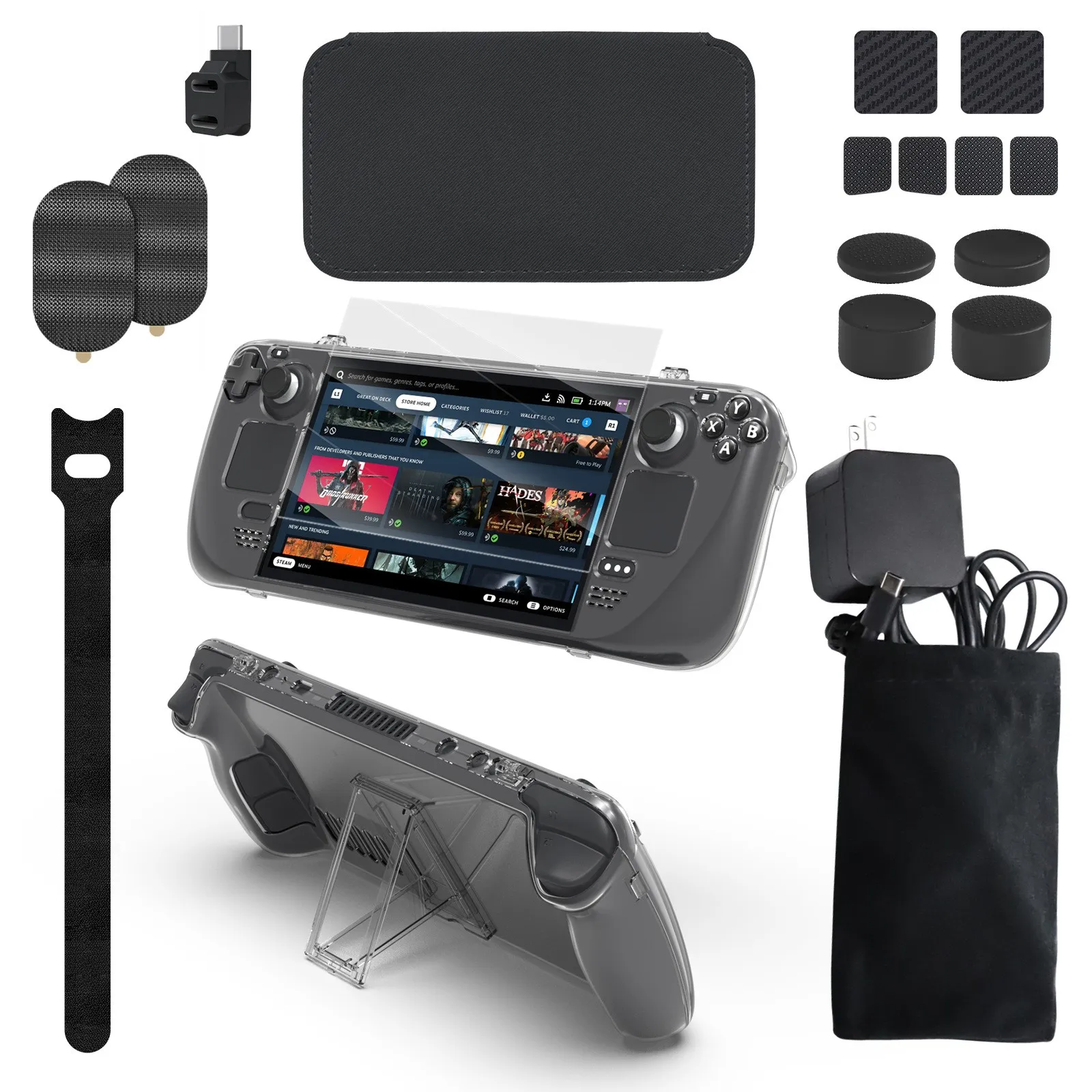 19-in-1 Set Crystal Case + Touch Screen Sticker + Silicone Pad + Tempered Film + Tie + Storage Bag For Steam Deck
19-in-1 Set Crystal Case + Touch Screen Sticker + Silicone Pad + Tempered Film + Tie + Storage Bag For Steam Deck