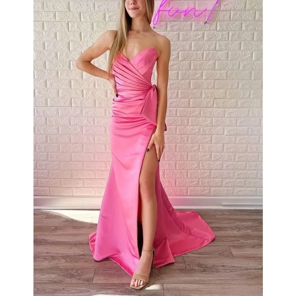 

V-Neck Satin Prom Dresses Long Mermaid with Slit Bow Tie Sleeveless Fitted Pleated Party Gowns for Women Sexy