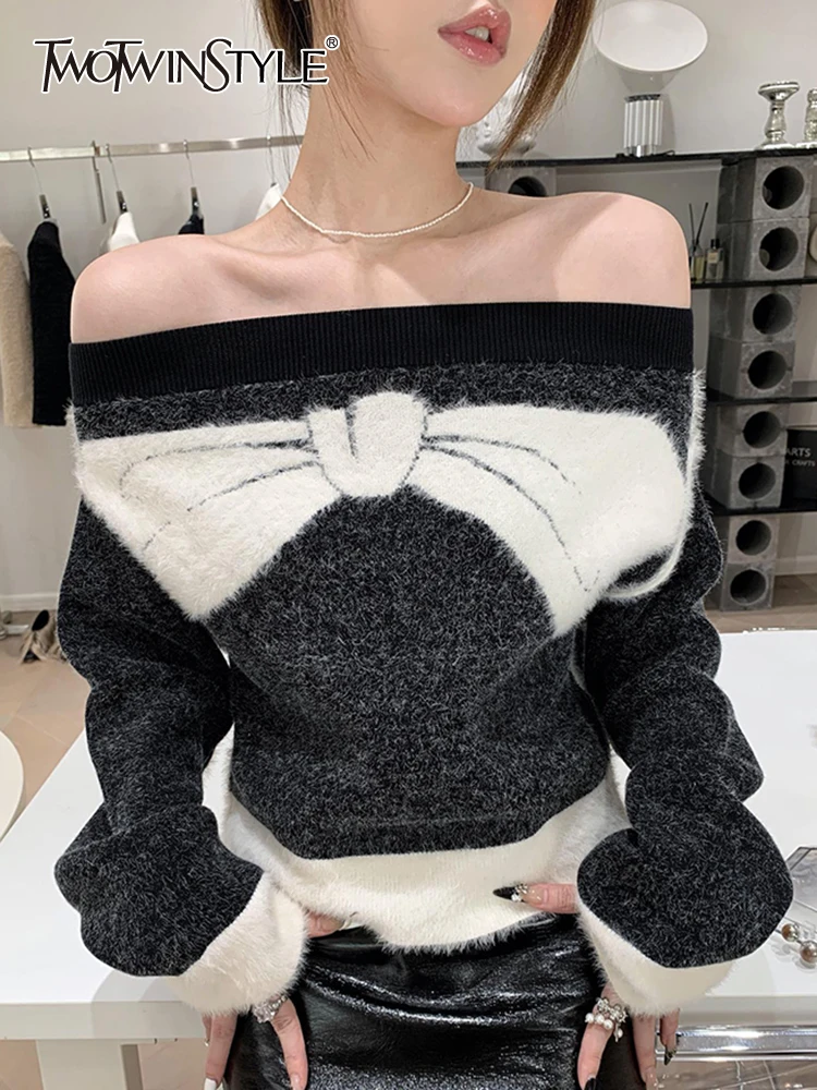 

TWOTWINSTYLE Colorblock Bowknot Printing Casual Slimming Knitting Sweaters For Women Slash Neck Long Sleeve Sweater Female New