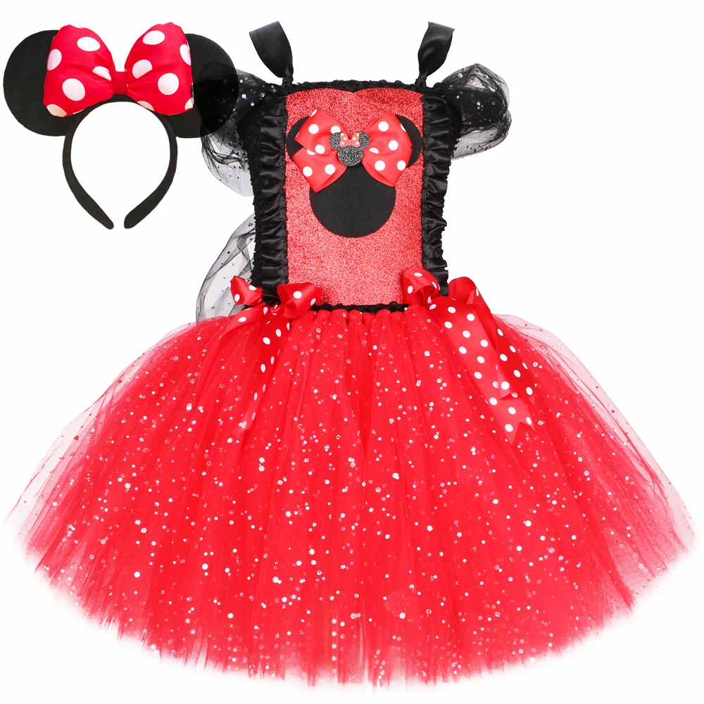 

Glittery Red Minnie Tutu Dresses for Girls Fancy Birthday Party Clothes Cartoon Princess Dress Kids Christmas Halloween Costumes