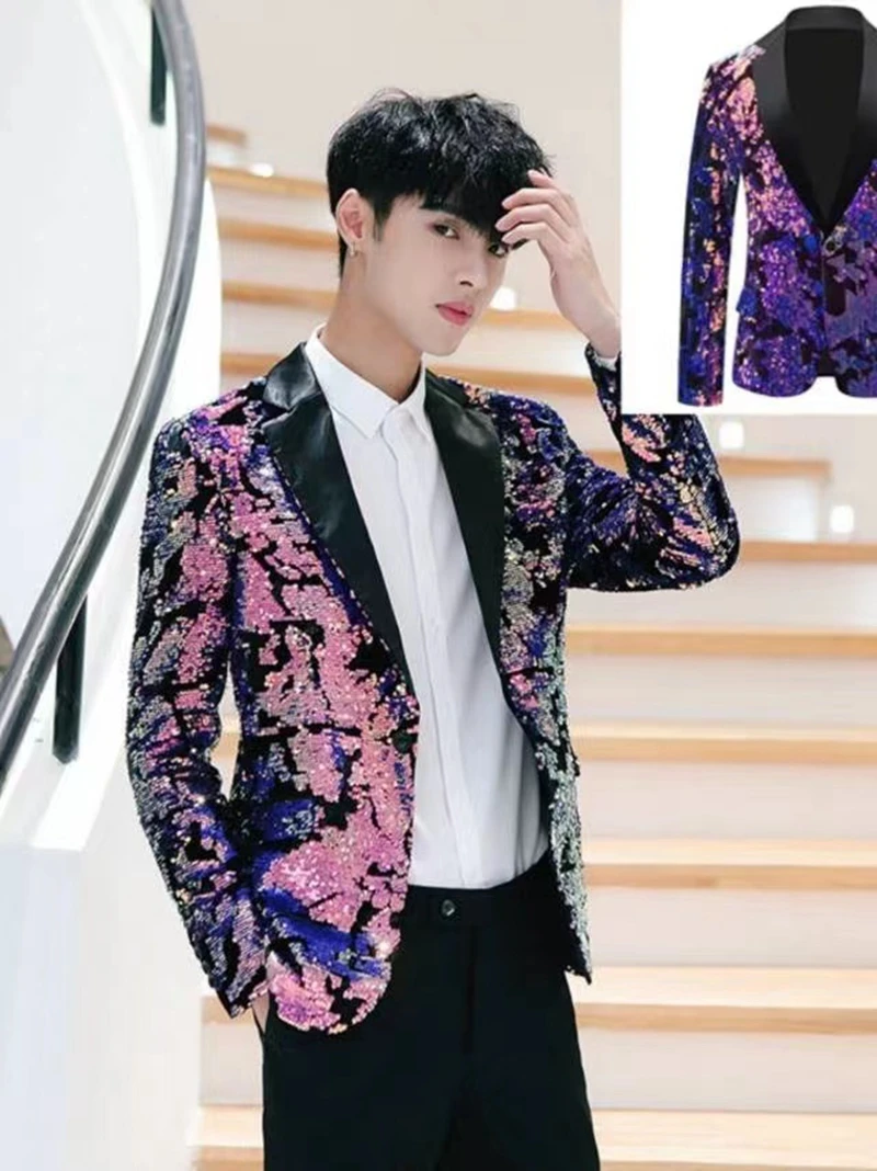

New Sequin Velvet Color Matching Suit Jacket Banquet Host Emcee Stage Costume Male Singer Stage Trend Performance Costume