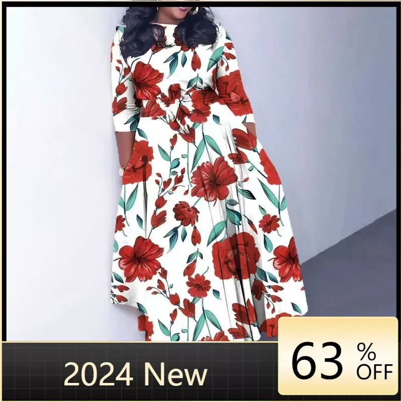 

Vintage Pattern Printed 3/4 Sleeve Bohemian Dress Spring Summer Casual Lace Up O-Neck Dress Women's Loose Pleated Long Dresses