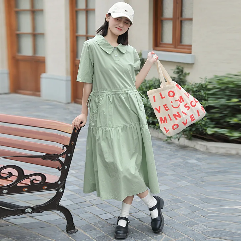 

Mori Girl Style Doll Collar Short Sleeve Dress Women Summer Loose Casual A-line Black Green Vintage Long Dresses with Pockets