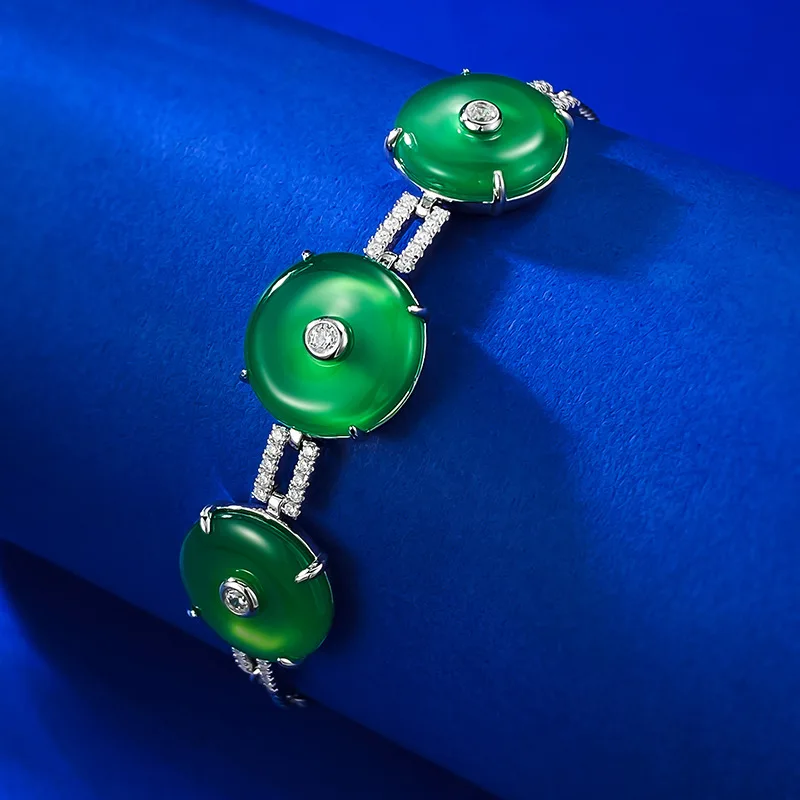 

S925 silver inlaid natural high ice green jade chalcedony bracelet for women's new Chinese style safety clasp live streaming