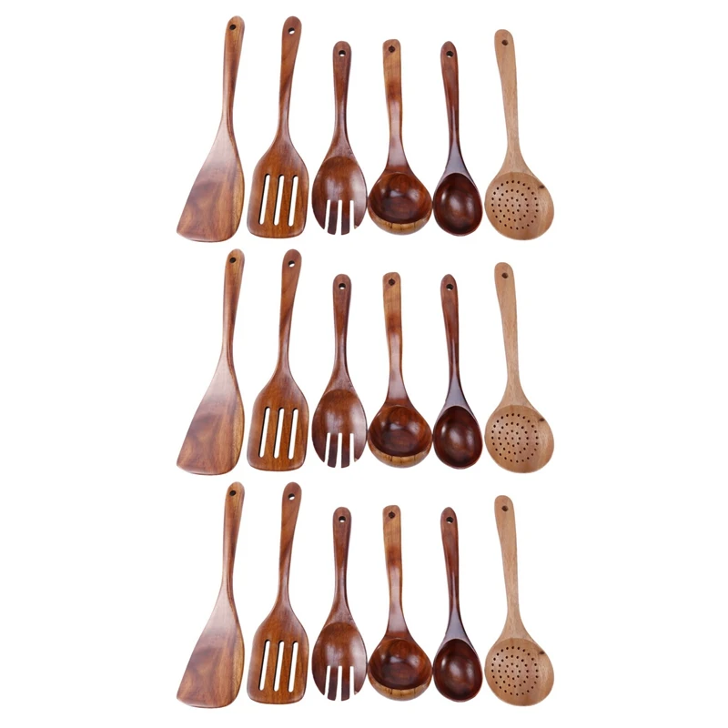 

Wooden Utensils Set Of 18, Large Kitchen Cooking Utensil For Non Stick Cookware, Natural Teak Wood Spoons Spatula Ladle