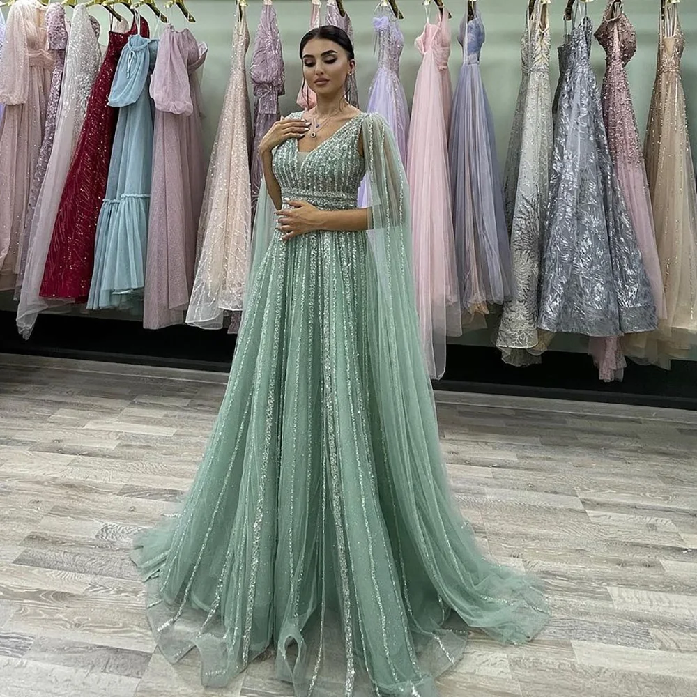 

Sevintage Sparkly Mint Green Beading Sequined Prom Dresses A-Line Long Sleeves Saudi Arabic Evening Gowns Formal Party Dress