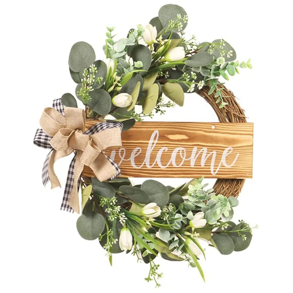 

Eucalyptu Wreath For Front Door Artificial Tulip Eucalyptus Leaf Garland Welcome Sign Porch Decoration For Spring Summer