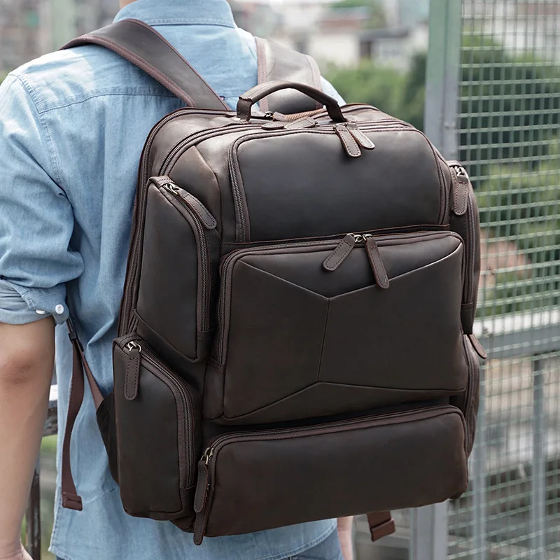 

Вместительный кожаный рюкзак для мужчин, дорожная сумка ручной работы из кожи Крейзи Хорс, винтажный стильный дорожный Ранец для мужчин 17 дюймов