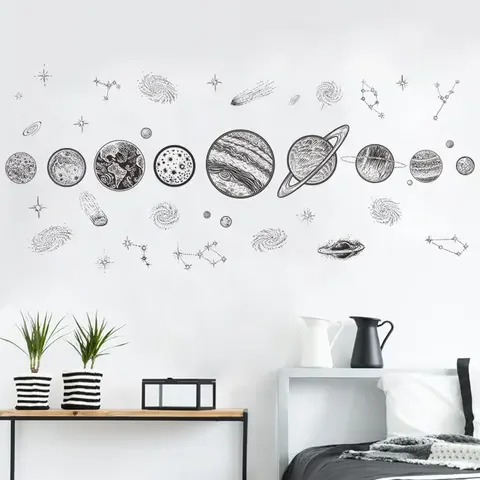 

New Europe Style Cartoon Cosmic Planet Galaxy Wall Sticker for Kids Room Learning Outer Space for Living Room Art Decals PVC