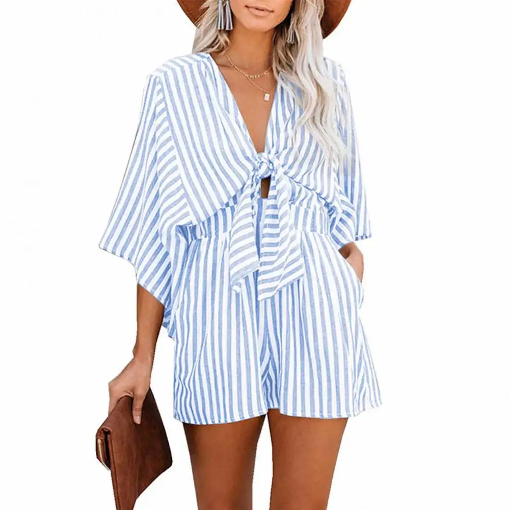 Women Rompers V-Neck Flared Short Sleeves Low-Waist Outfits Vertical Stripes Summer Short Jumpsuit Office Ladies Bodysuit
Women Rompers V-Neck Flared Short Sleeves Low-Waist Outfits Vertical Stripes Summer Short Jumpsuit Office Ladies Bodysuit