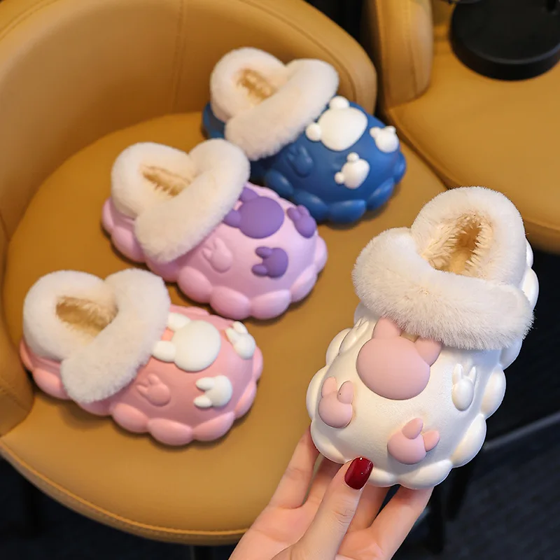 

Winter Boys Girls Cozy Home Warm Plush Shoes Cotton Slippers Kids Cute Bunny Indoor Non-slip Shoes Removable Slipper Baby