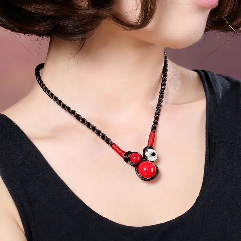 

UMQ Ethnic Necklace Women's Pendant Vintage Clavicle Chain Short Pendant Red Student South Korea Classical Chinese Style Jewelry