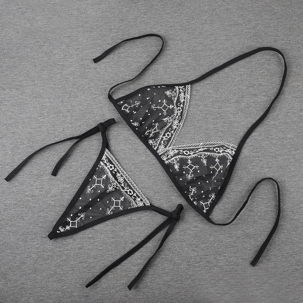 Sexy Lingerie Women Bikini Embroidered Flower 3 Point Transparent Mesh