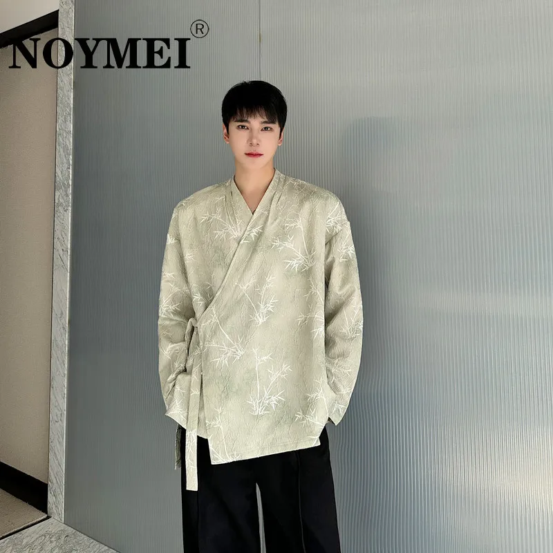 

NOYMEI Diagonal Collar New Chinese Style Chalaza Long Sleeved Shirt Bamboo Printed Top Trendy 2024 Spring Green Men WA4331