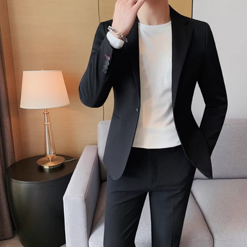 

(Jacket + Trousers) Men Business Formal Groom Wedding Tuxedo British Slim-fit Fashion Europe America Simple Men Single Breasted