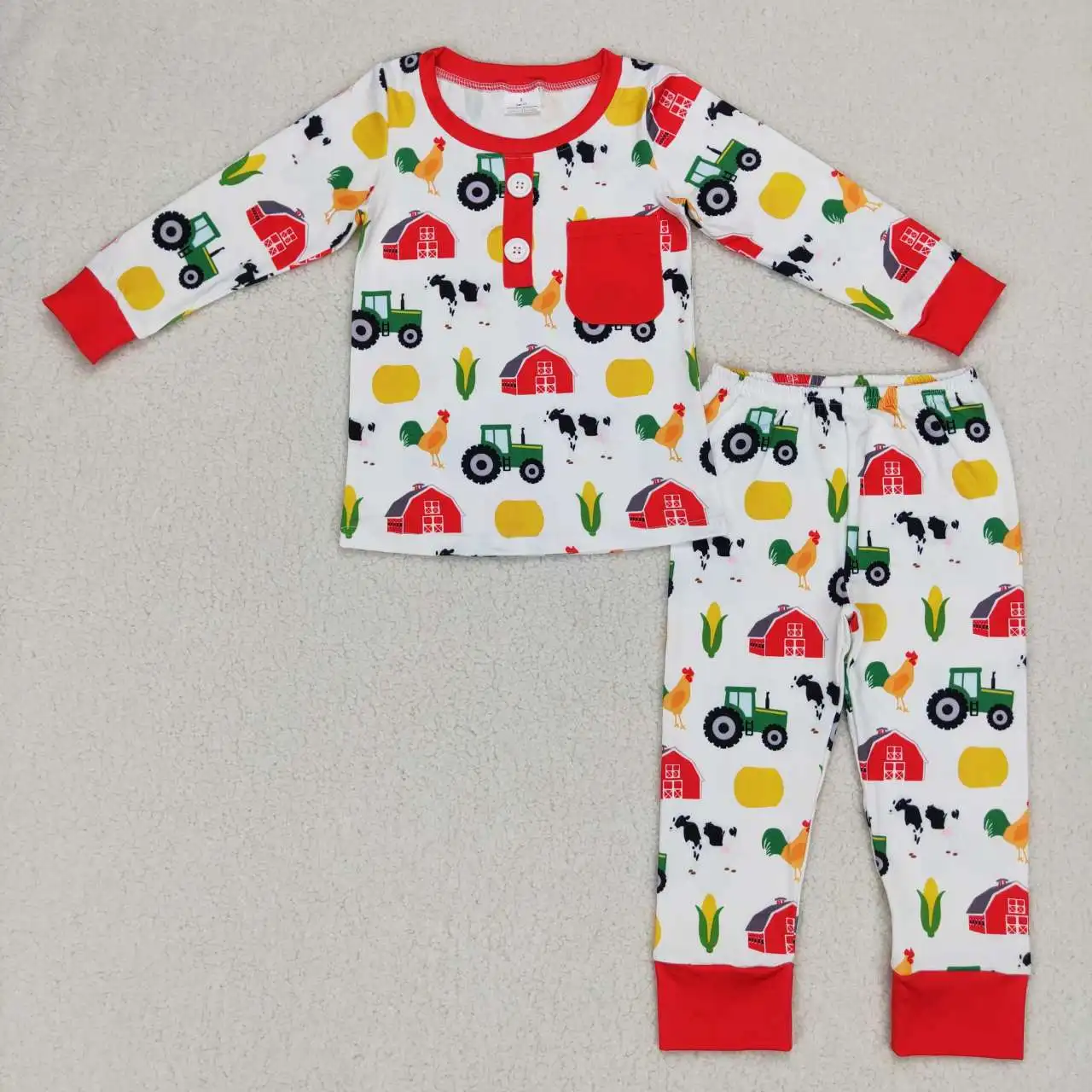 

Wholesale Baby Boy Tractors Cow Chicken Pocket Pullover Shirts Children Pants Set Pajamas Toddler Kids Farm Outfit Sleepwear