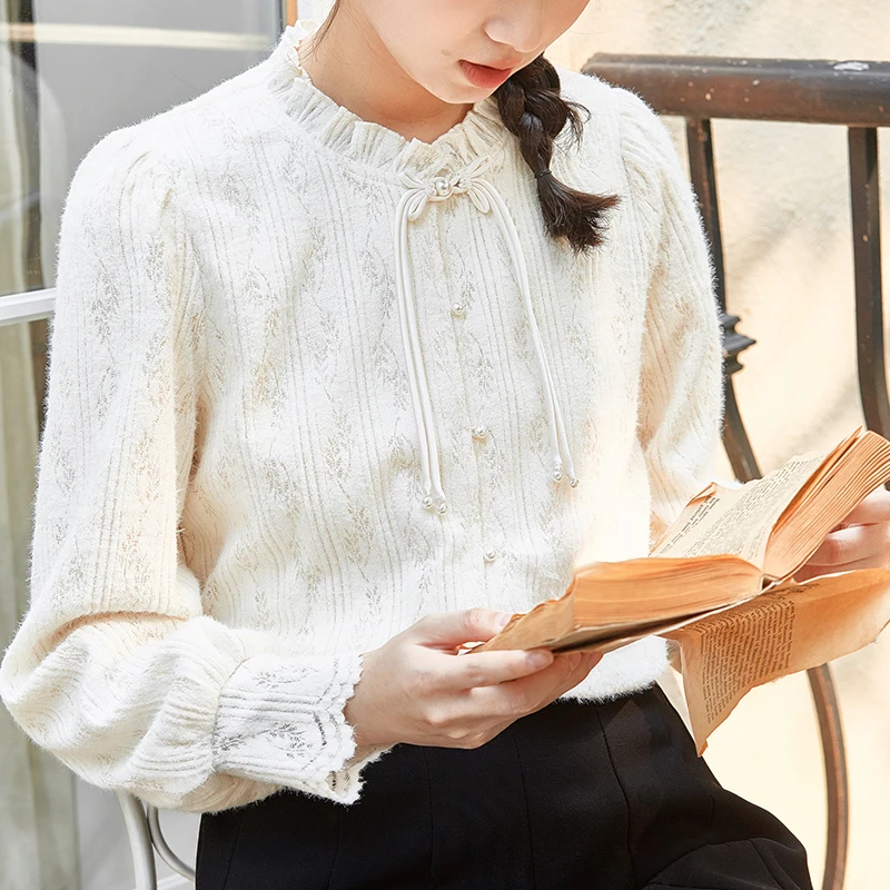 

QOERLIN Lantern Sleeve Ruffles Collar Solid Tops Shirts Long Sleeve Single-Breasted Loose Casual Korean Sweet Gentle Lace Blouse