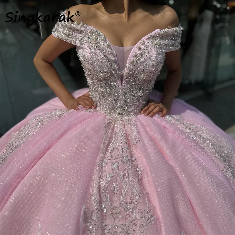 

Розовое милое платье принцессы 16 Quinceañera вышитые бисером Кристаллы Аппликации жемчужины Vestido De 15 лет индивидуальное бальное платье