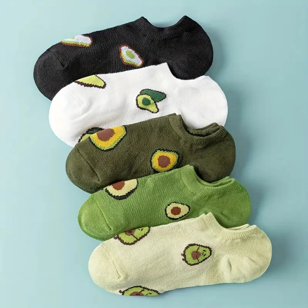 

5 Pairs/Lot Avocado Ankle Socks Cartoon Fresh Fashion Breathable Summer And Autumn 2023 New Kawaii Comforts Women's Boat Socks