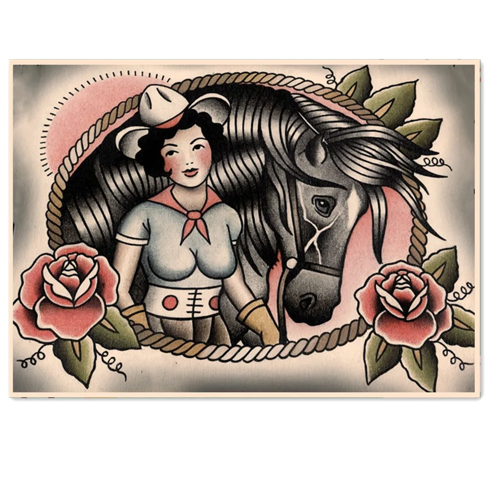 

Traditional Cowgirl. Tattoo Art Pictures Vintage Movie Posters and Prints Wall Hanging Painting Bedroom Living Room Decor Mural