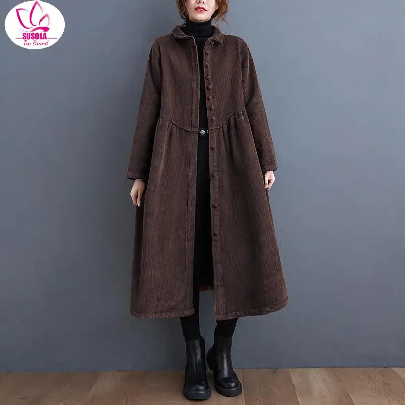 

SUSOLA long sleeve corduroy oversized vintage hooded casual loose autumn spring winter trench coat for women clothes Outerwear