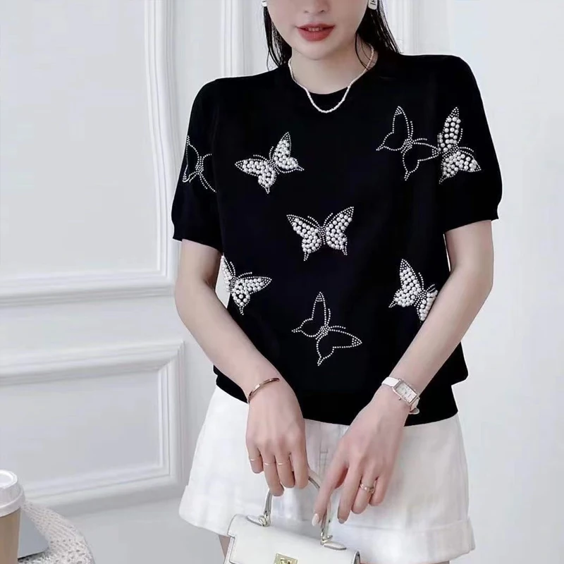 

New Butterfly Bows Pearls Short Sleeve Knitting Sweaters Pullovers Tops Women Casual Elegant Fashion Thin Jumpers Female Clothes