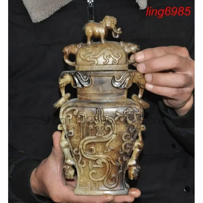China hetian old Jade Carved animal elephant Zun Cup Bottle Pot Vase Jar Statue
China hetian old Jade Carved animal elephant Zun Cup Bottle Pot Vase Jar Statue