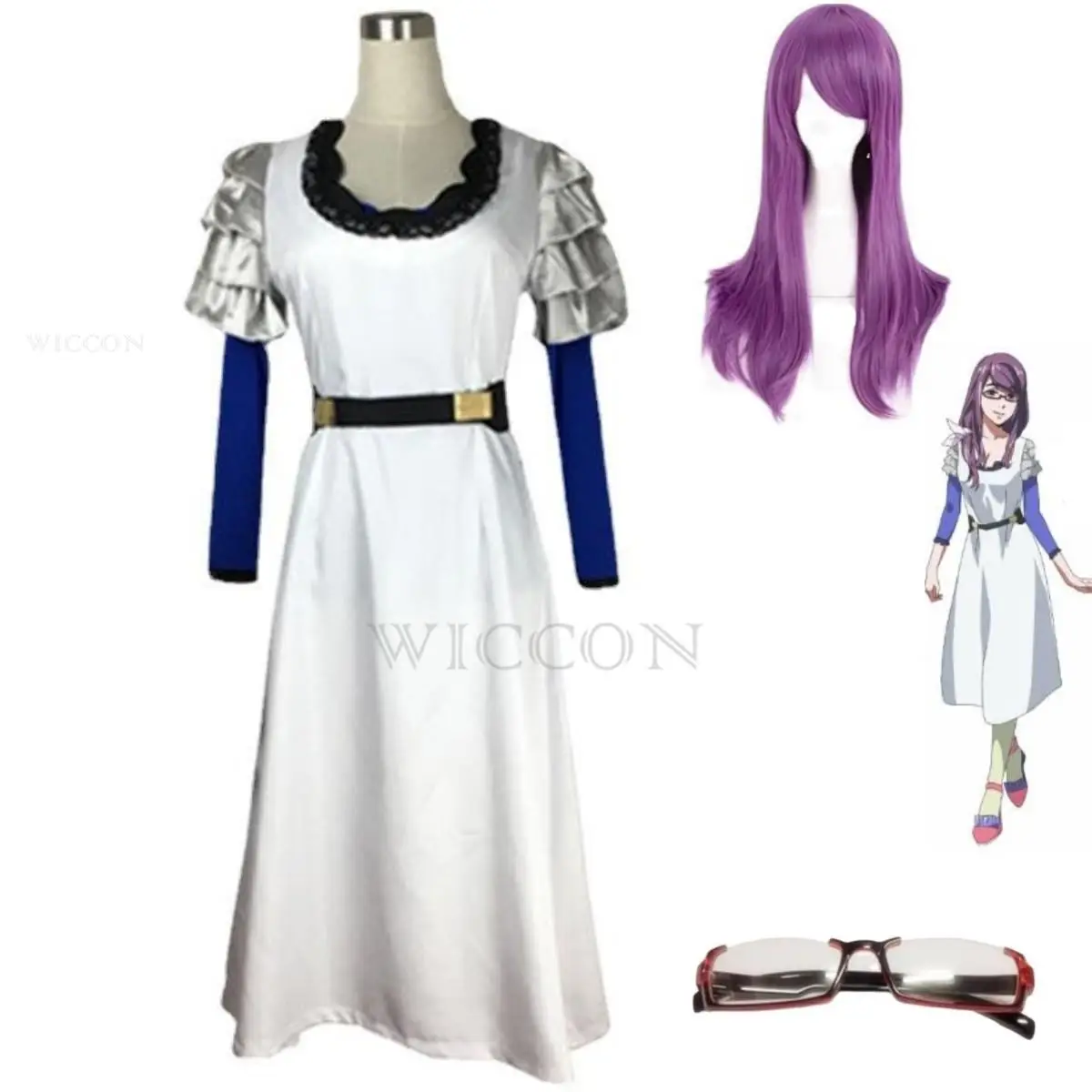 

Anime Tokyo Ghoul Kamishiro Rize Cosplay Costume Purple Wig Long Sleeved Dress Glasses Accessories Woman Sexy Carnival Suit